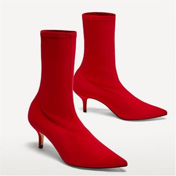

red stiletto sock short booties stretch fabric pointed toe 7cm high heels ankle boots women pumps botas mujer1, Black