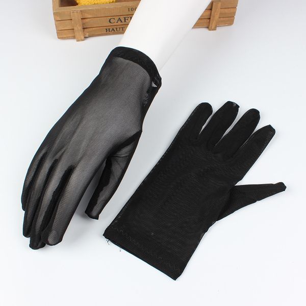 

summer female silk screen plaid breathable stretch black semi-transparent five-finger driving sunscreen gloves, Blue;gray