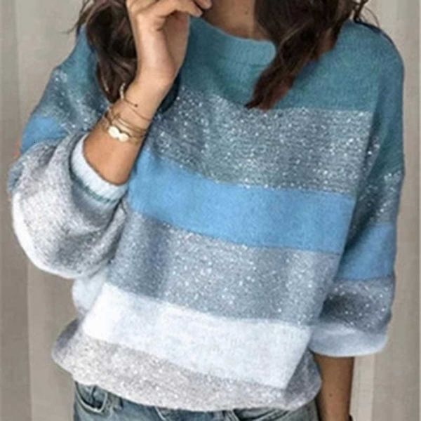 

2020 casual korean street style women's sweater winter loose color contrast round neck pullover stripe knitted, White;black