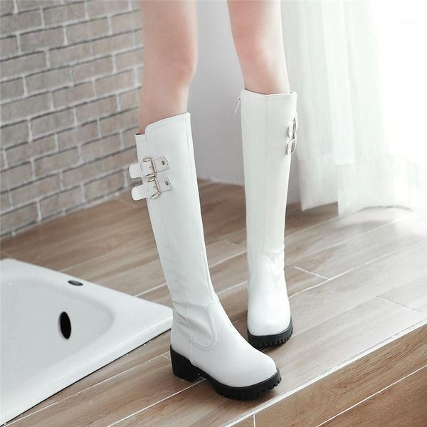 

boots women long woman winter shoes ladies med heel platform zip round toe black white big size 2021 1