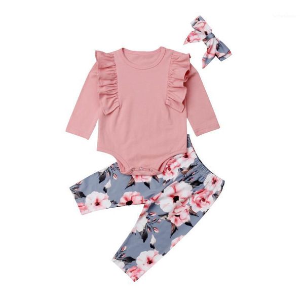 

clothing sets born kids baby girls clothes spring autumn ruffles long sleeve bodysuit+floral pants+headband outfits set 0-4years1, White