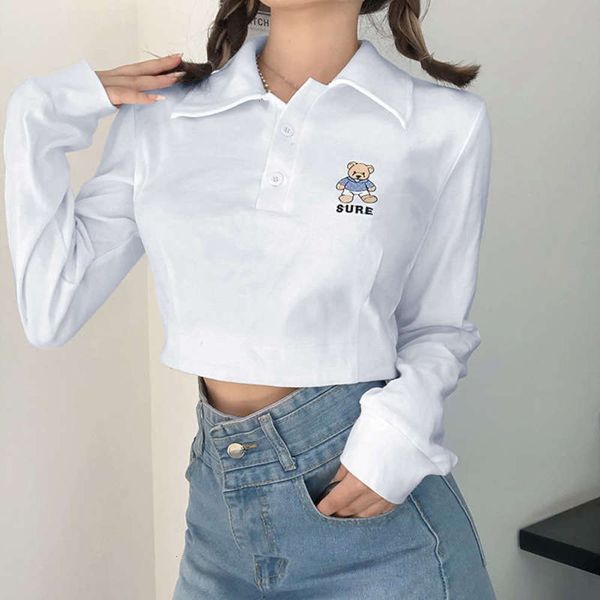 

girl embroidered young new cute style bear lapel cotton long sleeve t-shirt women's versatile casual autumn, Black;gray