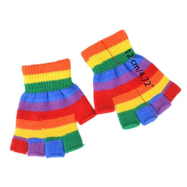 

Kids Winter Knitted Full Half Finger Gloves Rainbow Colorful Striped Mittens M2EB, Blue;gray