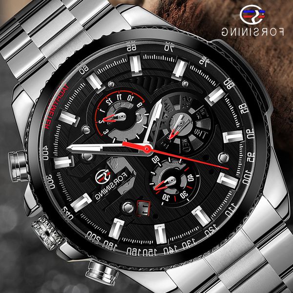 

2021forsining three dial calendar stainless steel men mechanical automatic wrist watches brand luxury military sport male clock, Slivery;brown