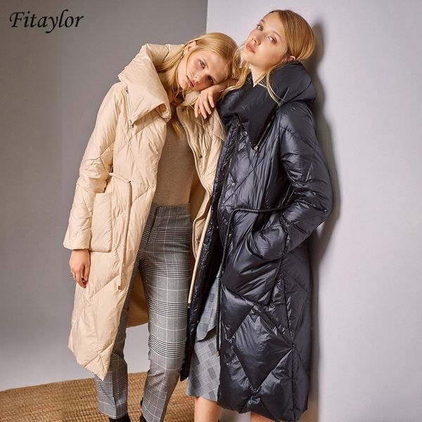 

winter zipper oversized lapel jacket women long coat 90% duck down keep warm parkas waist tie-wraps snow warm outwear y201026, Black