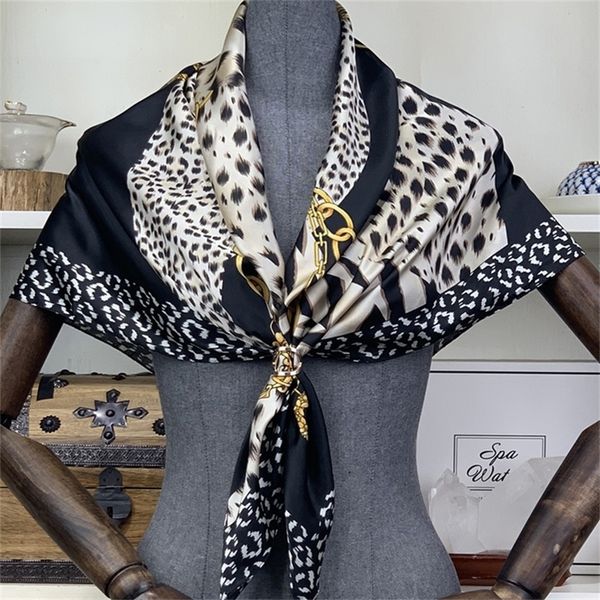 

summer leopard print silk scarves 90cm square hijab scarf female ladies foulard chiffon shawl bandanna wrap muffler pareo y201007, Blue;gray