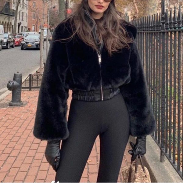 

yiciya winter casual black jackets hooded outwear oversize coats faux fur jacket women short coat 2021 warmness fashion gothic1, Black;brown