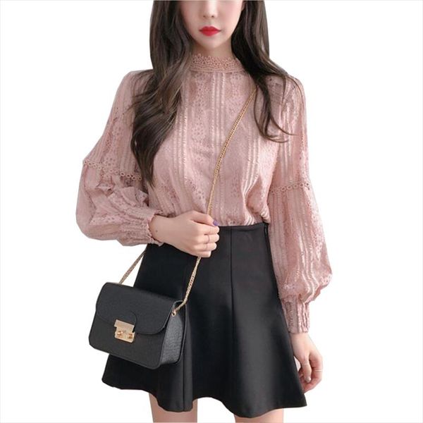 

2019 sexy fashion lace рубашки блузка с длинным рукавом женского элегантных женщин блузы o шея кружево цветочного узора хлопок блузка xz043, White