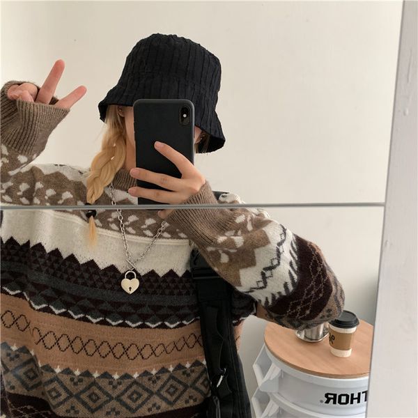 

2021 new new autumn wear lazy wind grid contrast wild pullover sweater couples men's clothes gray czzo, White;black