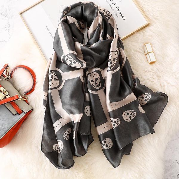 

soft designer skeleton skull silk scarf luxury women punk style long silk scarves shawls ladies brand hijab foulard new, Blue;gray