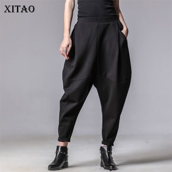 

xitao plus size women autumn winter pants personality elastic waist black harem pants tide casual spliced trousers new xww3091 201109, Black;white