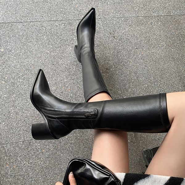 

2021 new brand women pointed toe knee microfiber leather autumn winter long knight boots high shoes woman 53qd, Black