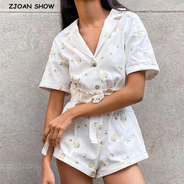 

women's jumpsuits & rompers 2021 notched v neck embroidery daisy flower bodysuits women tie bow waist short sleeve pants jumpsuit rompe, Black;white