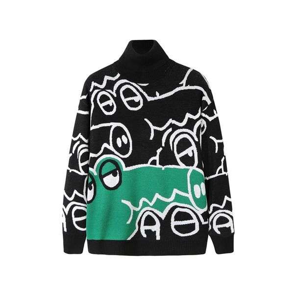 

cotton mens sweater black turtleneck sweater men cartoon crocodile pull homme knitted pullover clothing long sleeve coats 201221, White;black