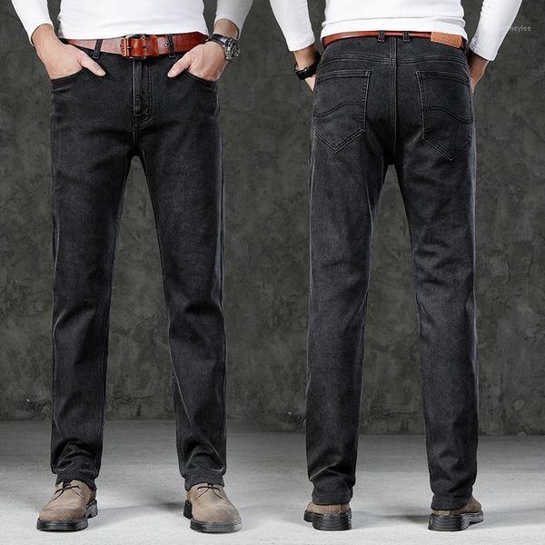 

high elasticity jeans men loose straight high waist four seasons slim fit man long denim pants business classic casual trousers1, Blue