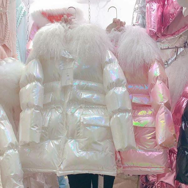 

winter jacket women shiny cotton coat imitated wool collar colorful bread warm jacket female korean loose jackets parka coat1, Black