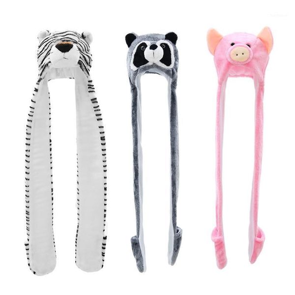 

3 in 1 fuzzy plush cartoon animal hoodie scarf hat with mittens warm earflap cap 270d1, Blue;gray