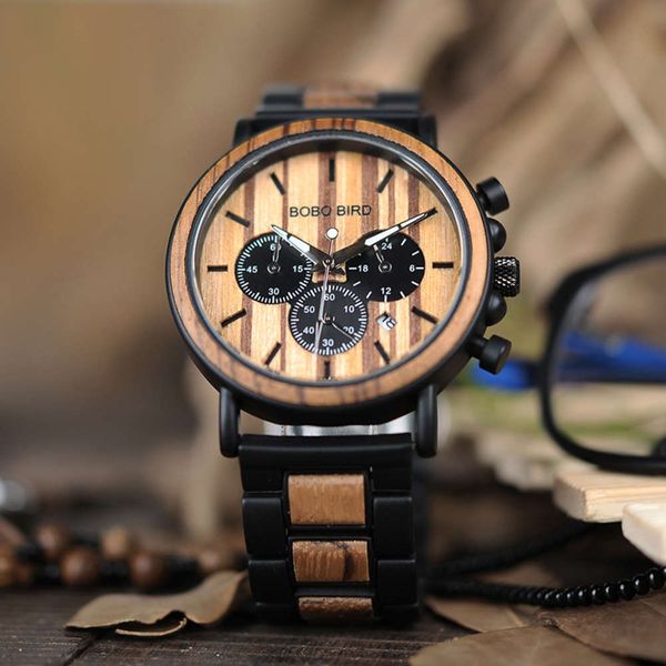 

bobo bird room wood quartz three eye multifunctional waterproof men's watchbgt