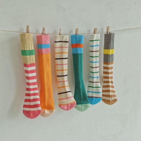

fashion baby toddlers knee high socks for girls boys children autumn winter mixed colour striped sock cotton non-slip long socks, Pink;yellow