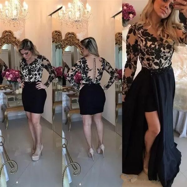 

black lace long sleeve prom dress 2022 sheer button back detachable removable skirt indian floral evening gowns