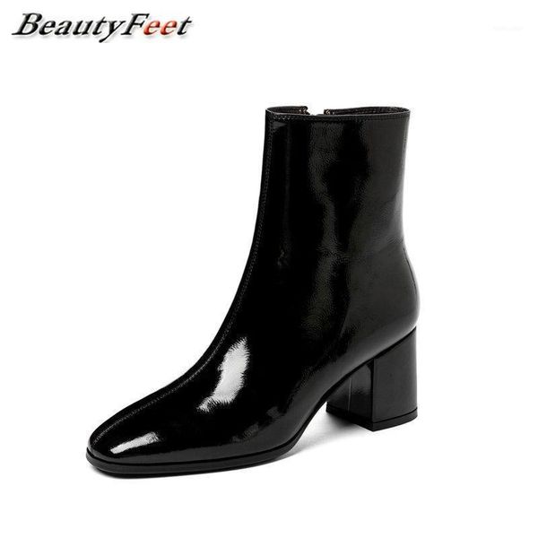 

new autumn winter boots bright leather ankle boots for women shoes woman zip square high heels platform women plus size1, Black
