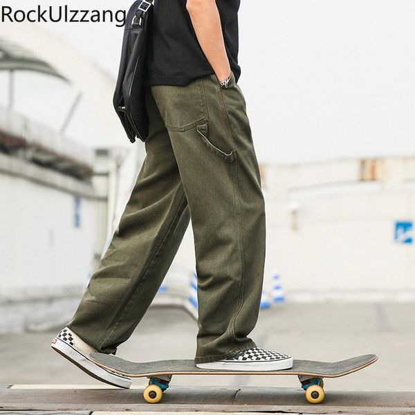 

plus size japanese men streetwear casual fashion solid camo green loose straight denim pant jeans cargo trouser retro techwear1, Blue