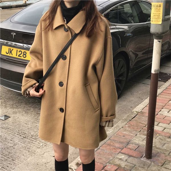 

women's wool mid-length loose woolen female autumn and winter temperament wild nizi coat 2020 new 18-24 years old, Black