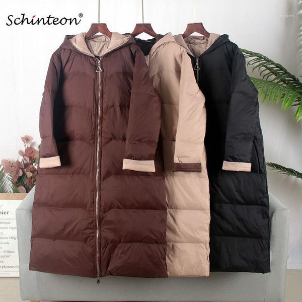 

schinteon new korean style baseball down jacket with hood coat loose winter long outwear 90% white duck down coat over size1, Black