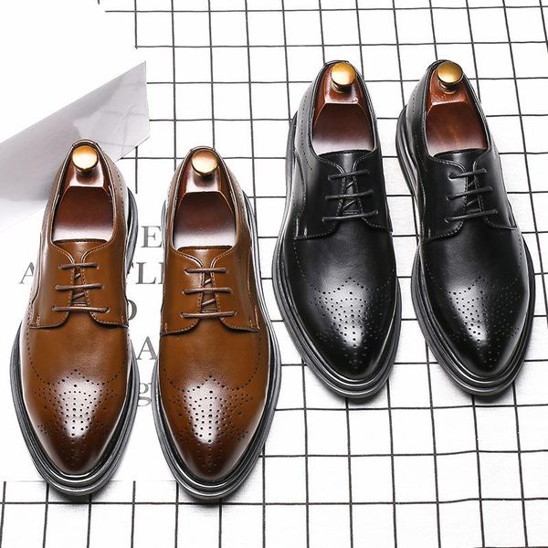 

2020 men dress shoes man leather shoes brogue winter business luxury elegant party casual wedding british style shoe, Black