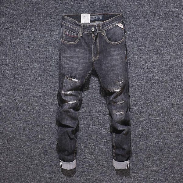 

2020 new retro hole men's jeans solid color water wash zipper simple jeans for men autumn casual mens1, Blue