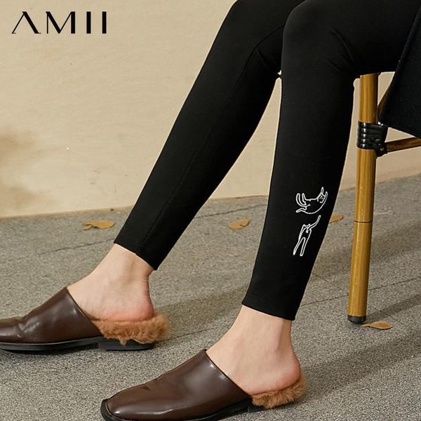

amii minimalism winter women's leggings fashion embroidery stretch thick slim fit pants for women female leggings 12030534, Black