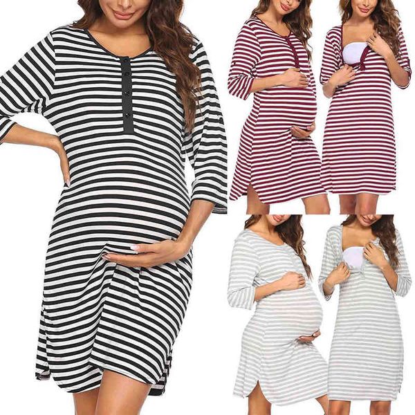 

dresses pregnant woman stripe short sleeve breast-feeding pregnancy nightwear clothes nightgown maternity nursing dress vestidos aa220309, White