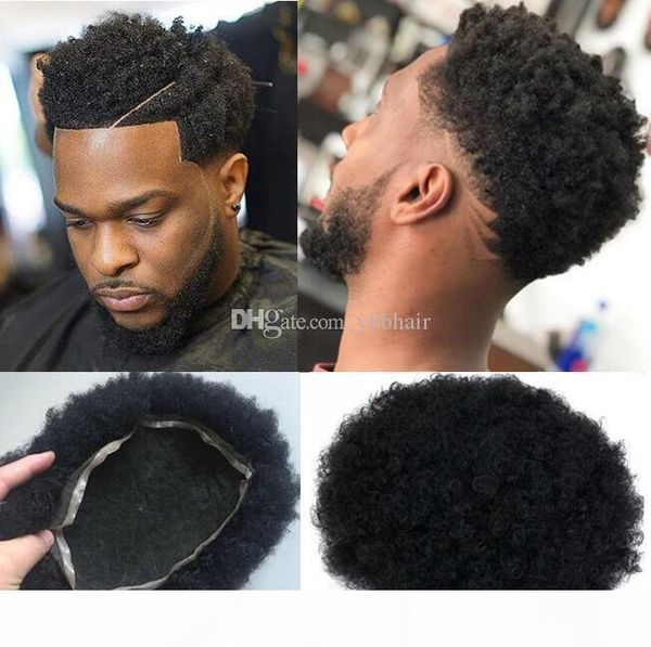 

men wig mens hairpieces afro curl full lace toupee jet black color #1 brazilian human hair system men hair replacement for black me