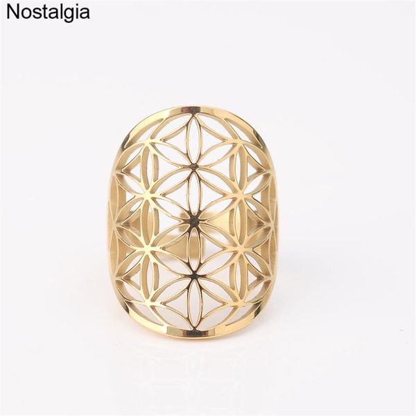 

cluster rings adjustable stainless steel flower of life ring hollow fleur de vie sacred geometry wicca jewelery sale for women men, Golden;silver