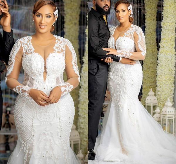 

plus size lace mermaid wedding dresses sheer neck illusion long sleeve appliques vintage wedding gowns arabic african robes, White