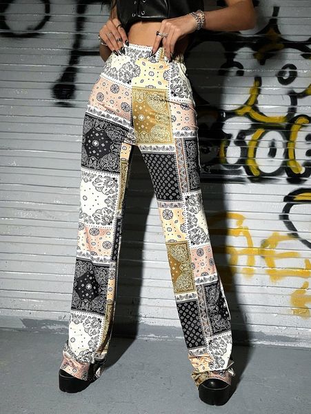 

high waist patchwork print flare leg pants k5f0#, Black;white
