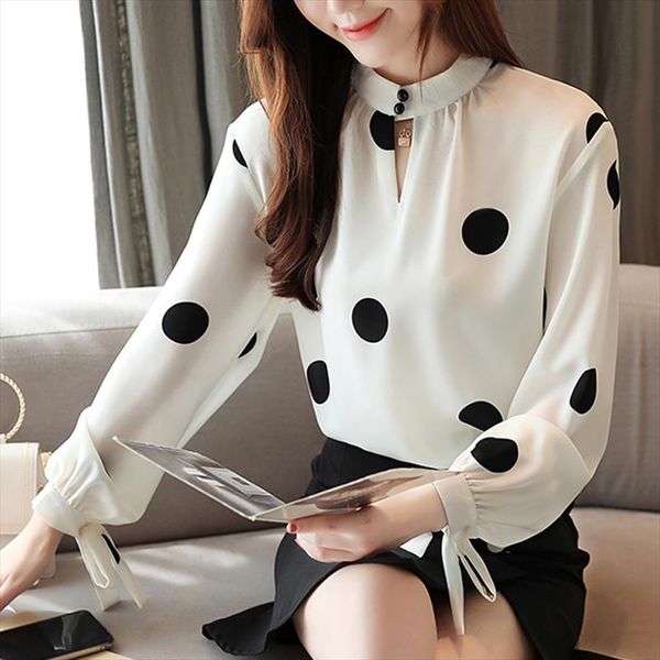 

blusas mujer де moda 2019 блузка женщины sutumn рубашки с длинным рукавом шифон блузки лук горошек stand фонарь одежды рукав 0350, White
