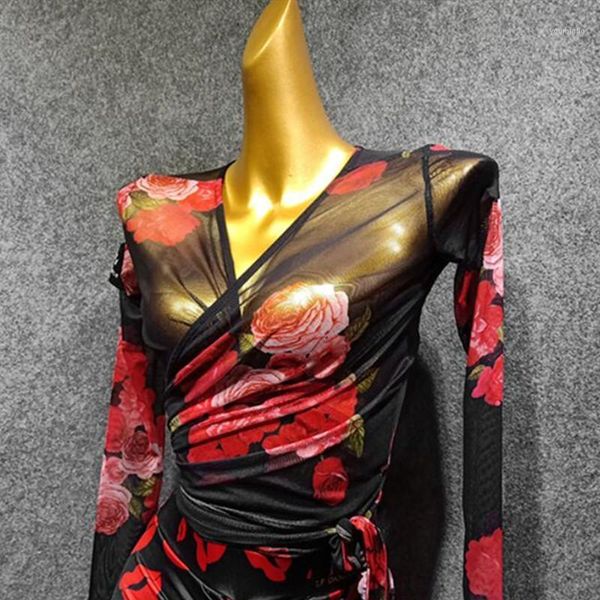 

print latin dance pole dance costume women wear waltz clothes ballroom clothing female shirt1, Black;red