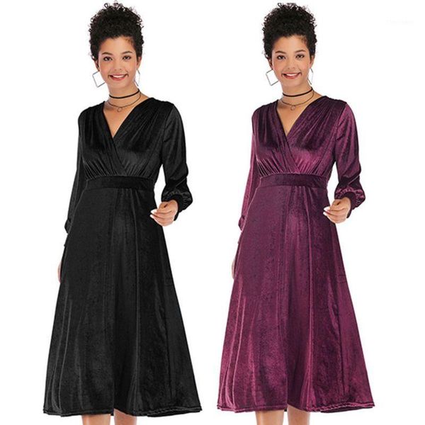 

womens lantern sleeve wrap v-neck velvet swing midi dress shiny solid color empire high waist cocktail clubwear1, Black;gray