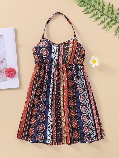 

toddler girls geo print halter dress she, Red;yellow