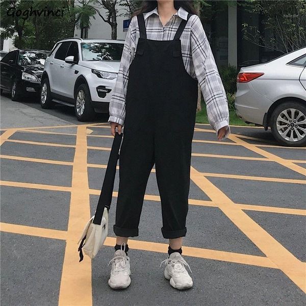 

women jumpsuits solid loose ankle-length casual trendy korean style student college overalls simple all-match retro ulzzang chic1, Black;white