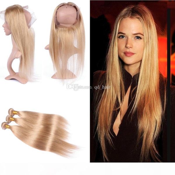 

silky straight 27 virgin human hair bundles with lace band frontal pre plucked 360 frontal with blonde 27 hair extension 4pcs lot, Black