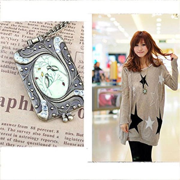 

1pc vintage retro copper flower rhinestone bird locket pendant necklace long chain, Silver