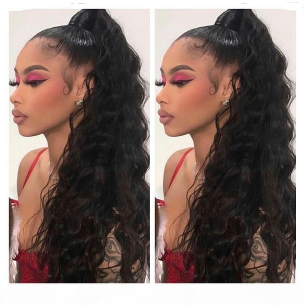 

one piece clip in ponytail extensions water wavy real human hair wrap drawstring ponytail extensions 160 grams 16 inch 1b# off black