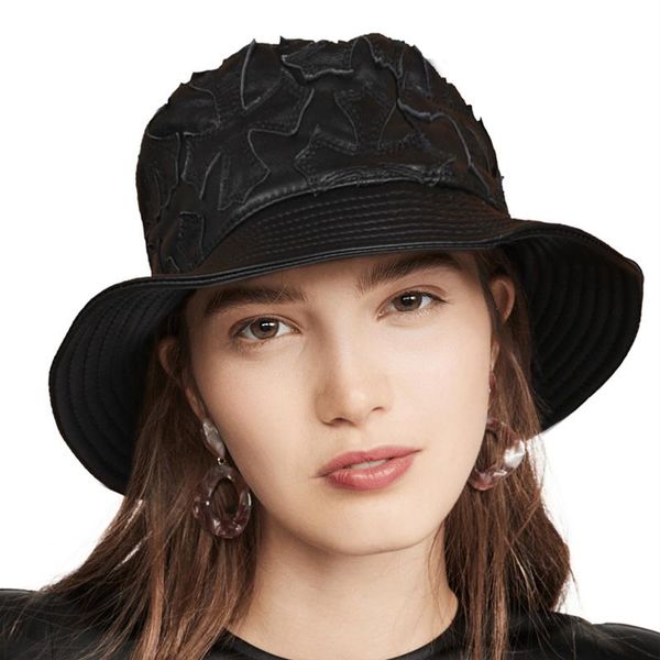 

wide brim hats women real leather embroidered bucket hat girl flower sun korean fisherman cap japanese beach solid basin sheepskin, Blue;gray