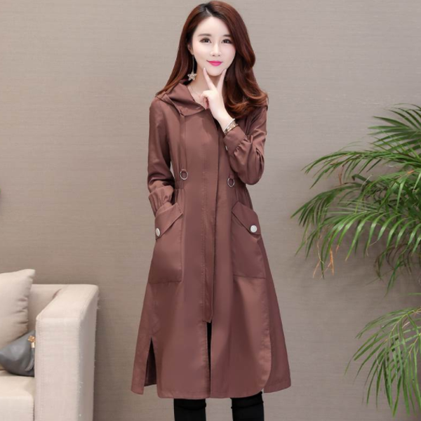 

women 2020 winter autumn trench coat slim outerwear female elastic waist zipper pocket hooded drawstring windbreaker aq596, Tan;black