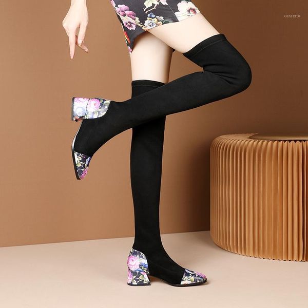 

2021 stretch flock over the knee boots pointed toe autumn winter women shoes fashion square high heel long boots size 401, Black