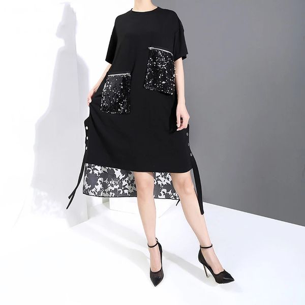 

women black sequins back long big size dress new round neck half sleeve loose fit fashion tide spring summer 2021, White