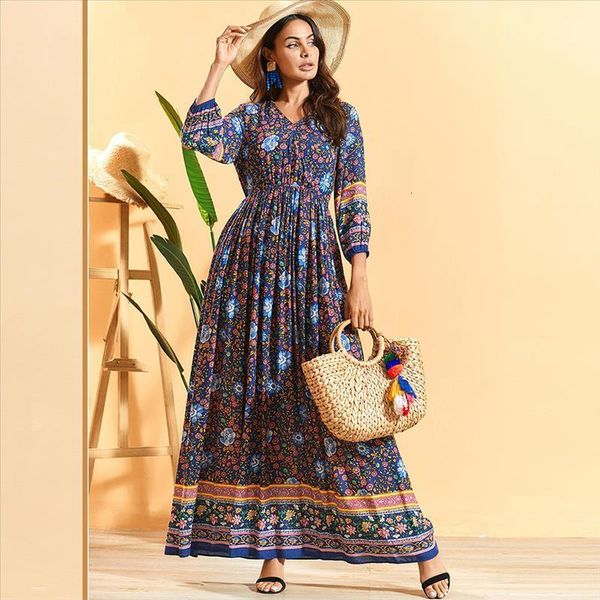 

bohemian ethnic floral long dress elegant dark blue loose v neck elastic slim waist swing a line dresses 3/4 sleeve new, Black;gray