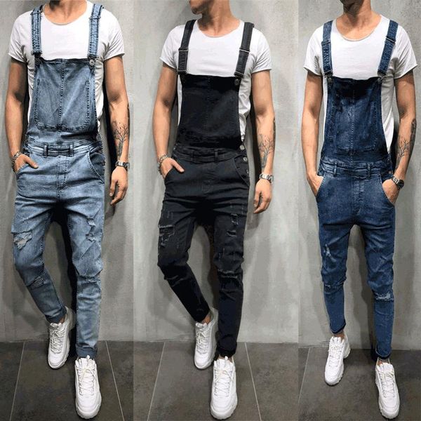 

fashion men's ripped skinny jeans denim bib overalls hi street style distressed jumpsuits for man suspender stretch denim pants, Blue